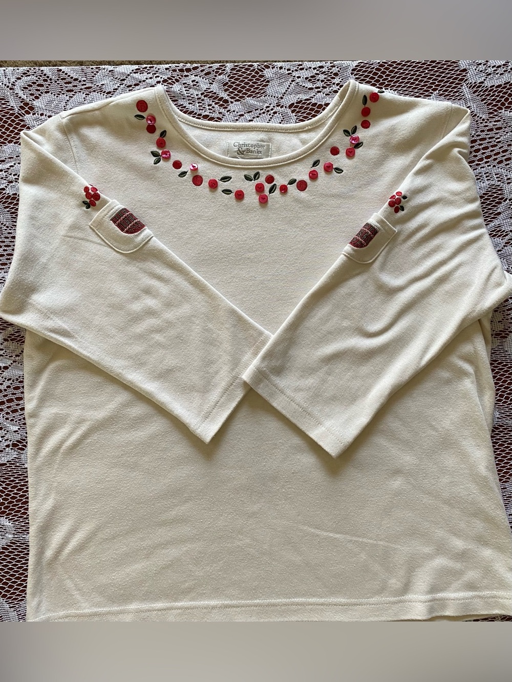 Christopher & Banks Cream Knit Top with Red Cherry Accents